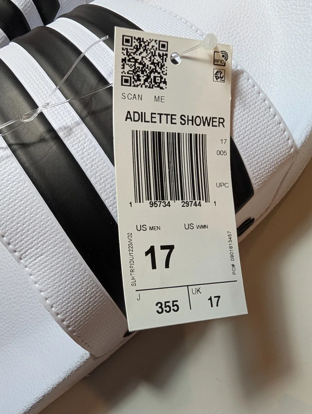 Adidas Mens Size 17 White Slides with Black Three-Stripes NWT